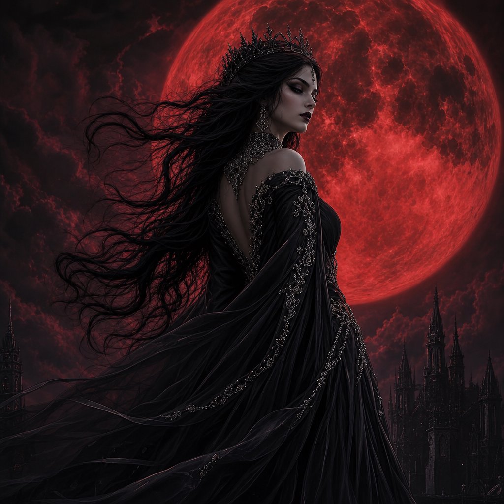 Captivating gothic goddess silhouetted against a blood red moon. Long dark hair blowing in a gentle breeze. Dramatic make-up. Ethereal black garment with silver details billowing in the breeze. Pensive expression. — GPT Image 2