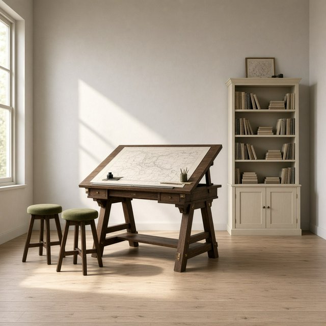 A quiet mapmaking room contains exactly one walnut drafting desk at the center, two moss-green stools side by side along its west edge, and one cream bookcase against the north wall; pale morning light, nothing else. — Grok Imagine Image 2