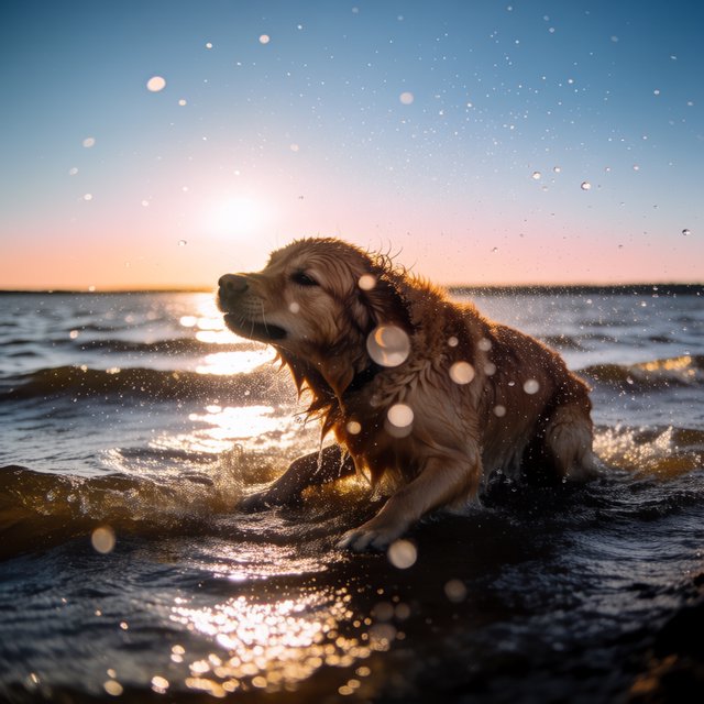 A wet golden retriever shaking off water on a lakeshore, droplets frozen mid-air, backlit by low sun, high shutter speed. — Krea 2 Medium