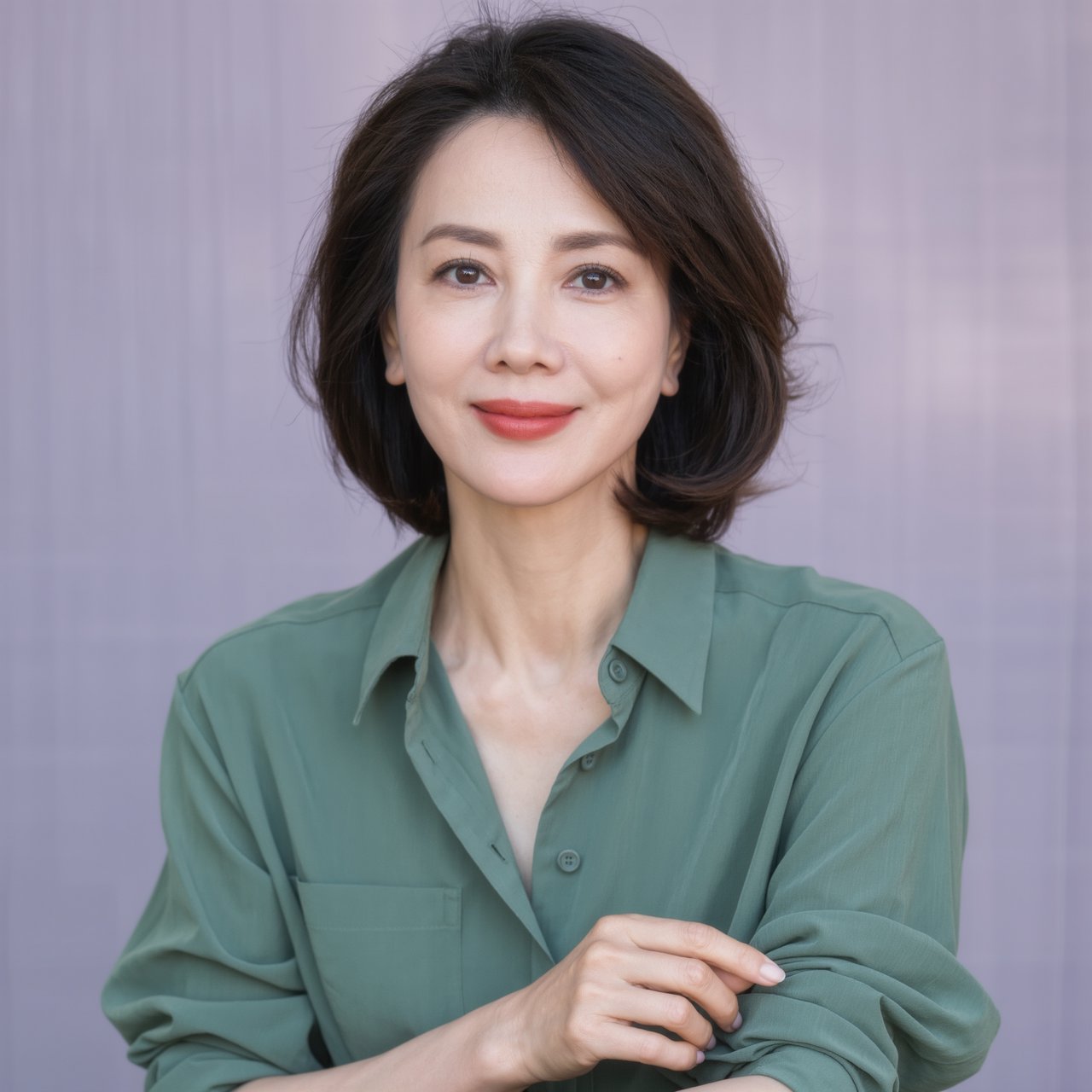 Portrait photograph of an adult woman in her late 30s wearing a moss-green cotton poplin shirt, fingers lightly turning its rolled cuff. Her calm, observant expression faces the camera against a chalky lavender backdrop, lit by soft diffused skylight. — Kling v3 Omni
