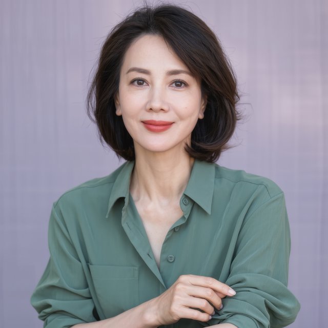 Portrait photograph of an adult woman in her late 30s wearing a moss-green cotton poplin shirt, fingers lightly turning its rolled cuff. Her calm, observant expression faces the camera against a chalky lavender backdrop, lit by soft diffused skylight. — Kling v3 Omni