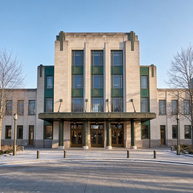 Exterior of an Art Deco railway terminal in pale limestone and dark green glazed brick, with stepped massing, bronze-framed windows, and a broad canopy; clear winter morning light, viewed from the station forecourt, precise lines and credible structure. — FLUX 3 Image