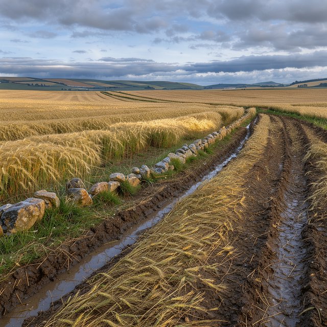 Golden barley fields ripple beneath a vast sky as a cool morning breeze follows overnight showers; muddy tractor furrows glisten in the foreground, guiding the eye past a weathered stone boundary toward low hills under broken clouds. — Model 2