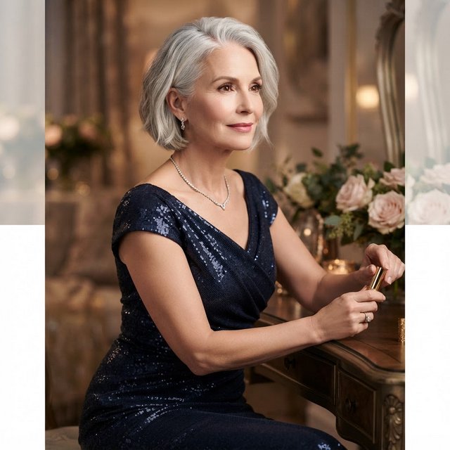 A silver-haired adult woman in a midnight-blue evening gown pauses with lipstick freshly applied, her composed gaze turned slightly aside; diffused rose studio light defines her face and shoulders, with restrained makeup and the polished finish of a fashion magazine. — Model 16