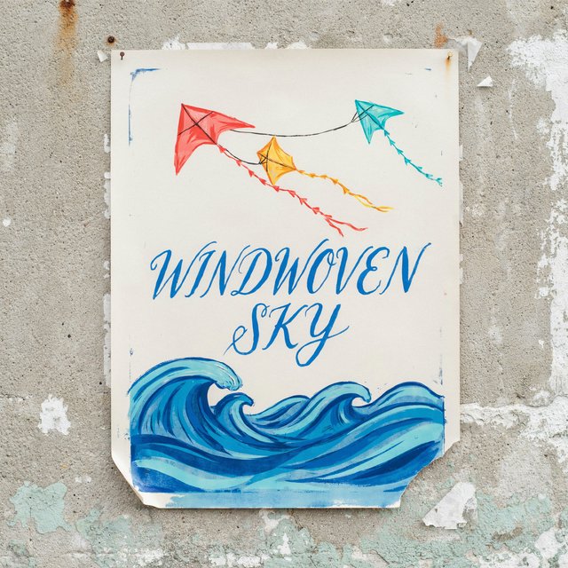 On a salt-stained seawall, a printed poster for a kite-making exhibition shows bright diamond kites sweeping above blue waves; “WINDWOVEN SKY” is screen-printed in sweeping cobalt script, with no other legible writing. — Model 8