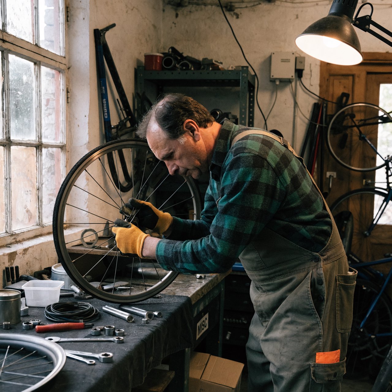 Candid documentary photograph of an adult bicycle mechanic tightening a wheel in a modest repair shop, cool window light mixing with a warm work lamp, 35mm lens with moderate depth of field, fine metal filings caught on the workbench. — Recraft v4 Pro