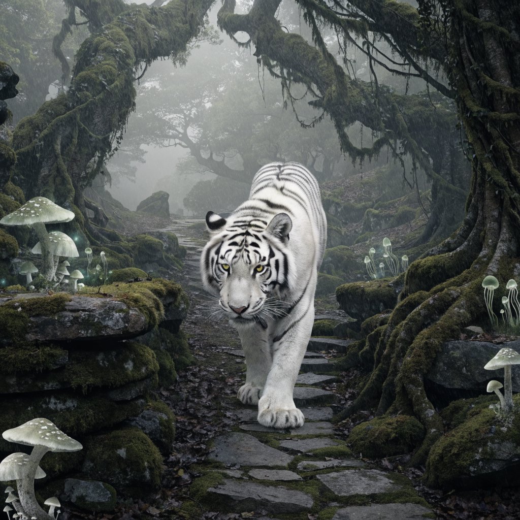 A majestic white tiger with eyes like molten gold, walking through a misty, ancient forest. Strange, bioluminescent flora casts an ethereal glow on the gnarled trees and moss-covered stones. The atmosphere is one of profound mystery and quiet solitude. Rendered in the style of detailed matte painting with a touch of dark fantasy concept art. — Recraft v4