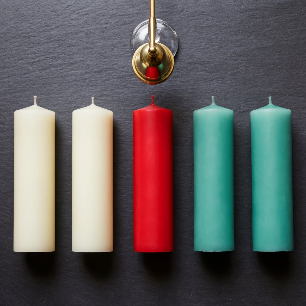 Exactly five candles stand on a dark slate tabletop: two ivory candles on the left, one red candle in the center, and two teal candles on the right. A brass snuffer sits above the red candle, nothing else. — Krea 2 Large