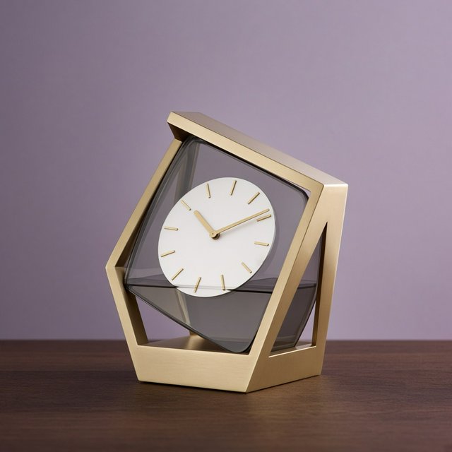 Commercial product photograph of an unbranded sculptural table clock made from satin brass and smoked glass, resting on a dark walnut surface against a muted lavender background, illuminated by a large diffused softbox from the upper left and a subtle rear rim light. — Grok Imagine Image 2