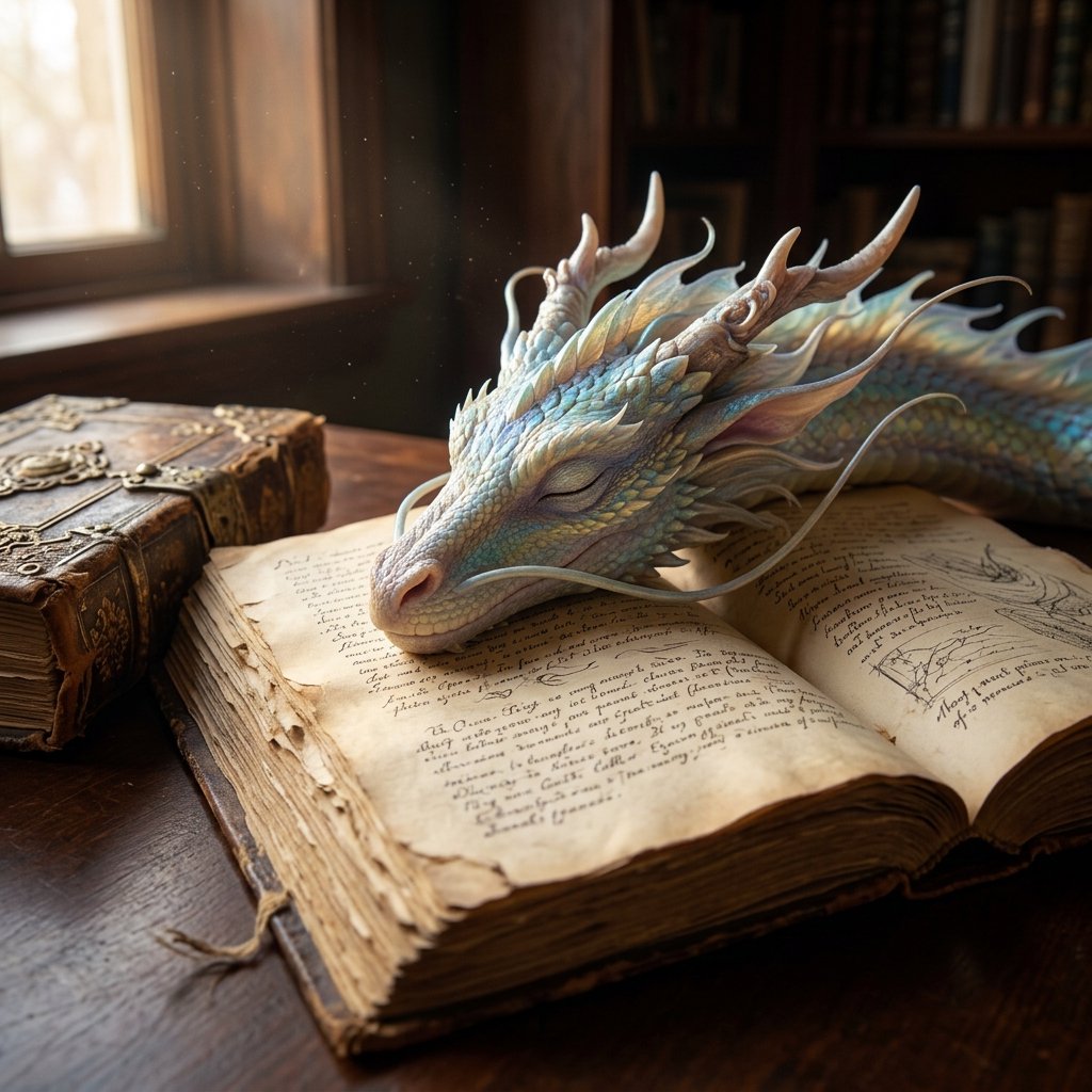 A mystical dragon's head, slender and dreamy, rests upon the yellowed pages of an ancient tome, the cover worn and mysterious, as soft warm light pours in through a nearby window, casting a serene ambiance, the air thick with the scent of old parchment and forgotten knowledge. — Nano Banana 2.1