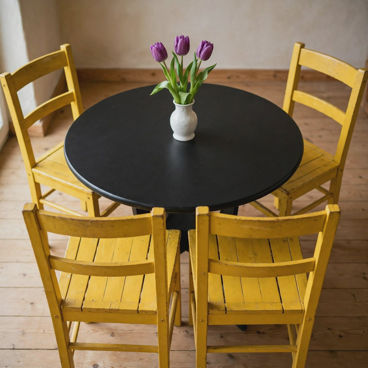 Exactly four yellow wooden chairs surround a round black table: two chairs at the front, one on the left, and one on the right. A white vase with three purple tulips sits at the table center, nothing else. — Muse Image 1.0