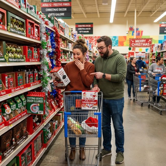 A husband and wife are shopping in a large, well-lit supermarket. They are surprised by what is for sale in the Christmas aisle. — Nano Banana 2 Lite