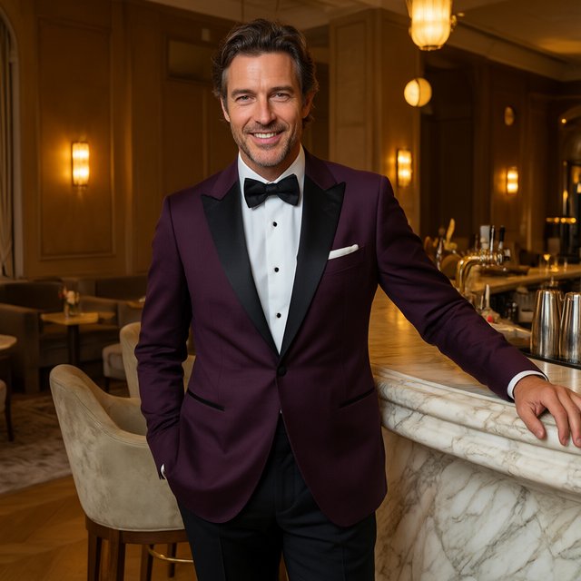Editorial glamour photograph of an adult man in a midnight-plum dinner jacket and black trousers, standing naturally beside a sculptural marble bar in a quiet hotel lounge, flattering amber light, easy smile, polished editorial elegance. — Qwen Image 3.0