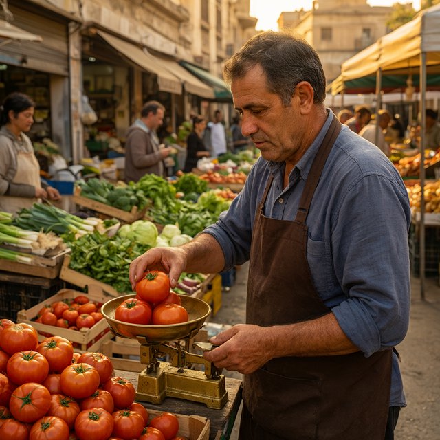 Candid street photograph of an outdoor vegetable market at golden hour, a vendor weighing tomatoes on a brass scale, shallow depth of field, 50mm lens. — Qwen Image 3.0 Pro