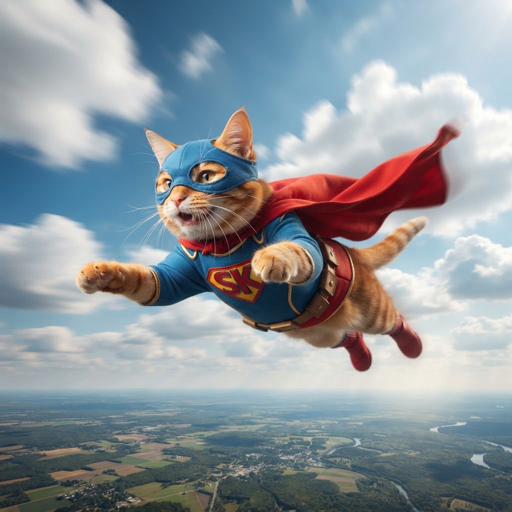 A cat flying in the sky wearing a super kitty costume. — Nano Banana 2 Lite