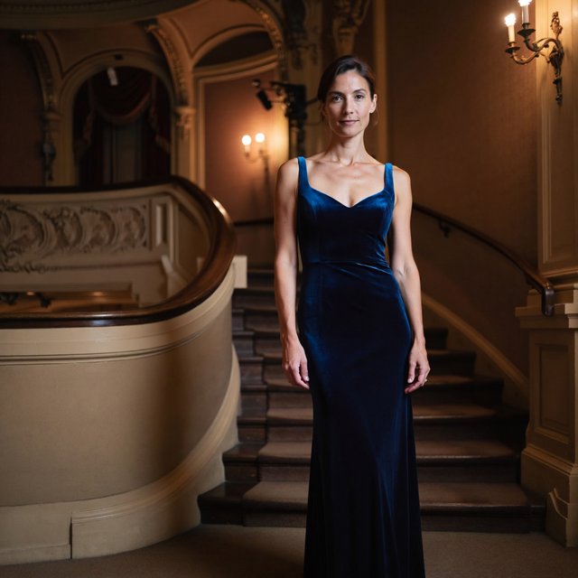 Editorial glamour photograph of an adult woman in a midnight-blue velvet evening gown, standing naturally beside a curved staircase in an old theatre, warm flattering sconce light, relaxed shoulders, poised expression, refined cinematic elegance. — ImagineArt 2