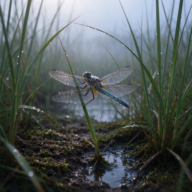 On a peaty marsh edge, a dragonfly rests among sedges after a light morning shower; dew beads on its veined wings and granular mud, while reed stems soften into pale fog behind it. — Seedream 5.0 Flash