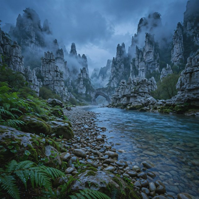 A limestone karst valley at blue hour after a light shower, towering pale cliffs rising above a clear river, low clouds snagging on pinnacles, slick ferns and rounded pebbles leading toward a distant stone arch. — Muse Image 1.0