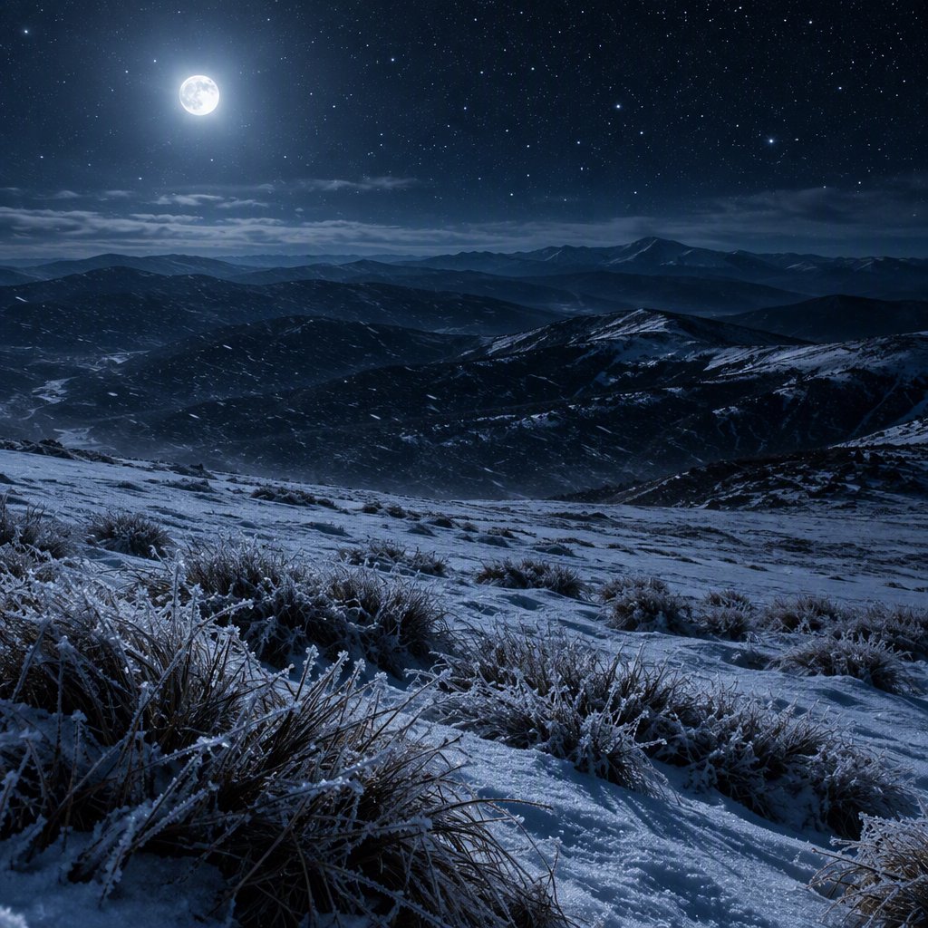 Moonlight washes a snowbound high plateau beneath sharp stars, while dry flurries cross the midnight air; frost feathers the foreground tussocks, and dark, rolling ridgelines recede into a blue-black distance. — GPT Image 2.5 Flare