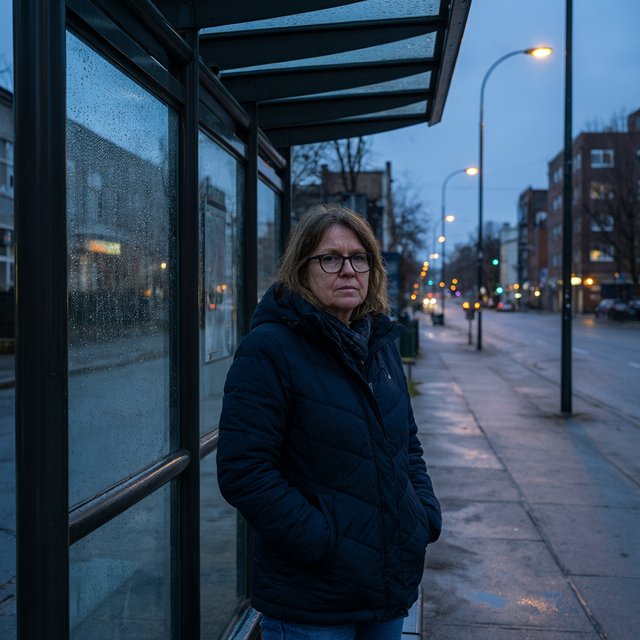 Candid documentary photograph of an adult waiting beside a city bus shelter at dawn, sodium streetlights fading into cool blue daylight, 50mm lens with shallow depth of field, fine rain droplets clinging to the shelter glass. — Qwen Image 3.0 Pro