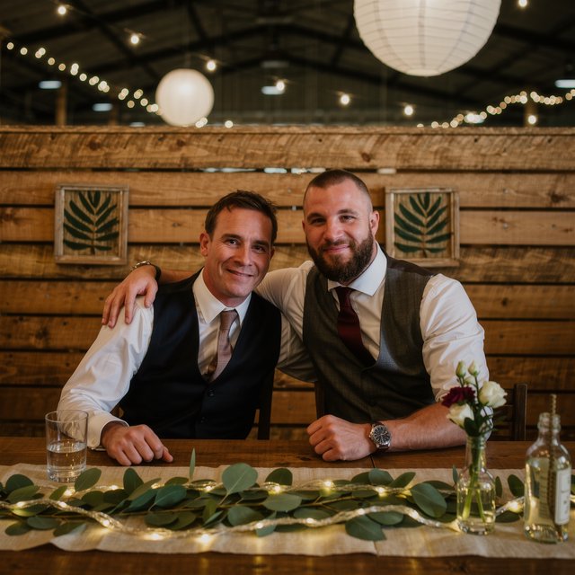 (Character1: rugby player body type, tall, brunet male, age 30, buzzcut hair and neatly groomed matching beard). Medium eye-level shot, photorealistic, two men seated at a wooden banquet table: the left middle-aged man wears a white dress shirt, charcoal waistcoat, and taupe tie, with his right arm on the table; the right man, Character1, smiles directly at the camera, wearing a white dress shirt, grey waistcoat, maroon tie, and a watch on his left wrist, with his left arm draped over the first man's shoulder. In the foreground: a table runner with eucalyptus sprigs, small fairy lights, a bottle holding flowers, a glass jar, and a water glass. Background: an exposed light horizontal wood plank wall with two decorative leaf panels, an exposed industrial ceiling with hanging paper lanterns, and fairy string lights. Warm, soft ambient overhead event lighting, natural indoor venue atmosphere, shallow depth of field. Art style: dramatic painterly realism with realistic skin texture, strong chiaroscuro, slightly gritty textured brushwork, fantasy illustration mood. — Kling v3 Omni