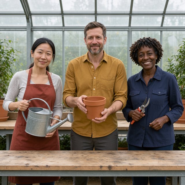At a quiet greenhouse bench, exactly three adult botanists stand in a row: left wears a rust-red apron and holds a watering can, center wears a mustard shirt and holds a terracotta pot, right wears a navy jacket and holds pruning shears; nothing else. — FLUX 3 Image