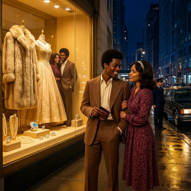Cinematic city scene at night, with the glamour of 1970s soul romance. In the foreground, a young Black man in a modest brown wide-lapel suit smiles at his adult beloved, playfully turning out his empty trouser pocket while holding an almost-empty wallet. His adult girlfriend wears a burgundy patterned dress and delicate hairband; she holds his arm and gazes at him lovingly, unconcerned by his lack of money. Beside them, a grand department-store window glows amber, displaying a luxurious fur coat, regal evening gown, diamond rings and strings of pearls. In the glass, their reflections appear elegantly dressed, hinting at the lavish life he dreams of giving her. A polished black limousine waits at the curb beside a uniformed chauffeur. Wet pavement mirrors golden lights; deep blue city buildings balance the amber, cream and burgundy palette. Warm, joyful, sincere mood; realistic faces and hands, detailed fabrics and reflections. No text, borders or collage. — Qwen Image 3.0