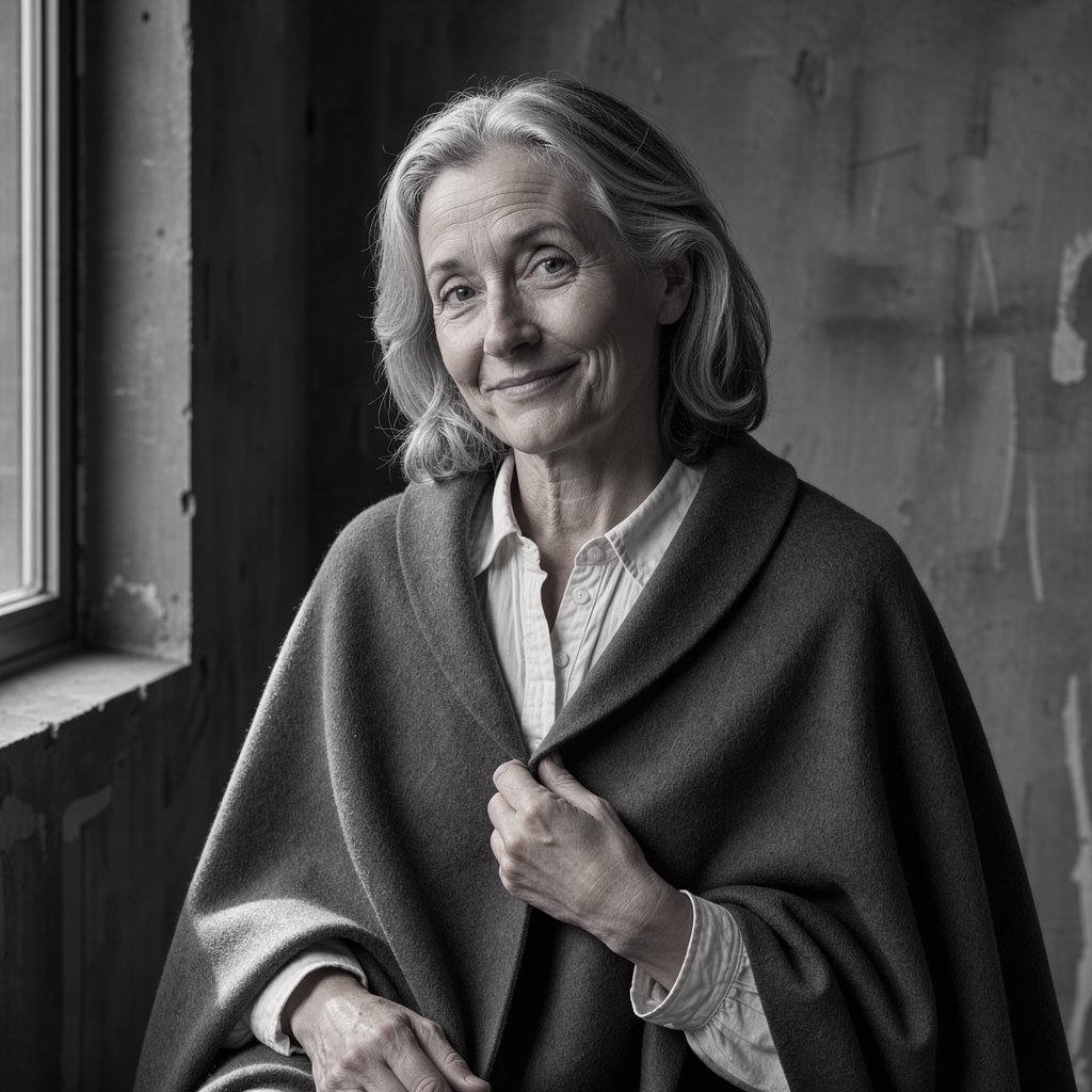 Under a narrow window beam, an adult woman in her late 50s wears a sculpted wool cape over a cotton blouse; her wry expression rests against a charcoal plaster backdrop in a black-and-white portrait, shaped by soft angled light. — FLUX 3 Image