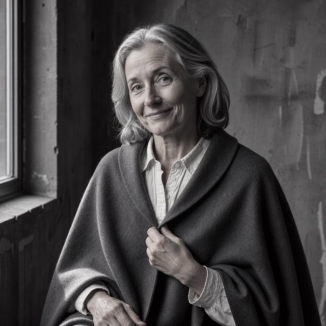 Under a narrow window beam, an adult woman in her late 50s wears a sculpted wool cape over a cotton blouse; her wry expression rests against a charcoal plaster backdrop in a black-and-white portrait, shaped by soft angled light. — FLUX 3 Image