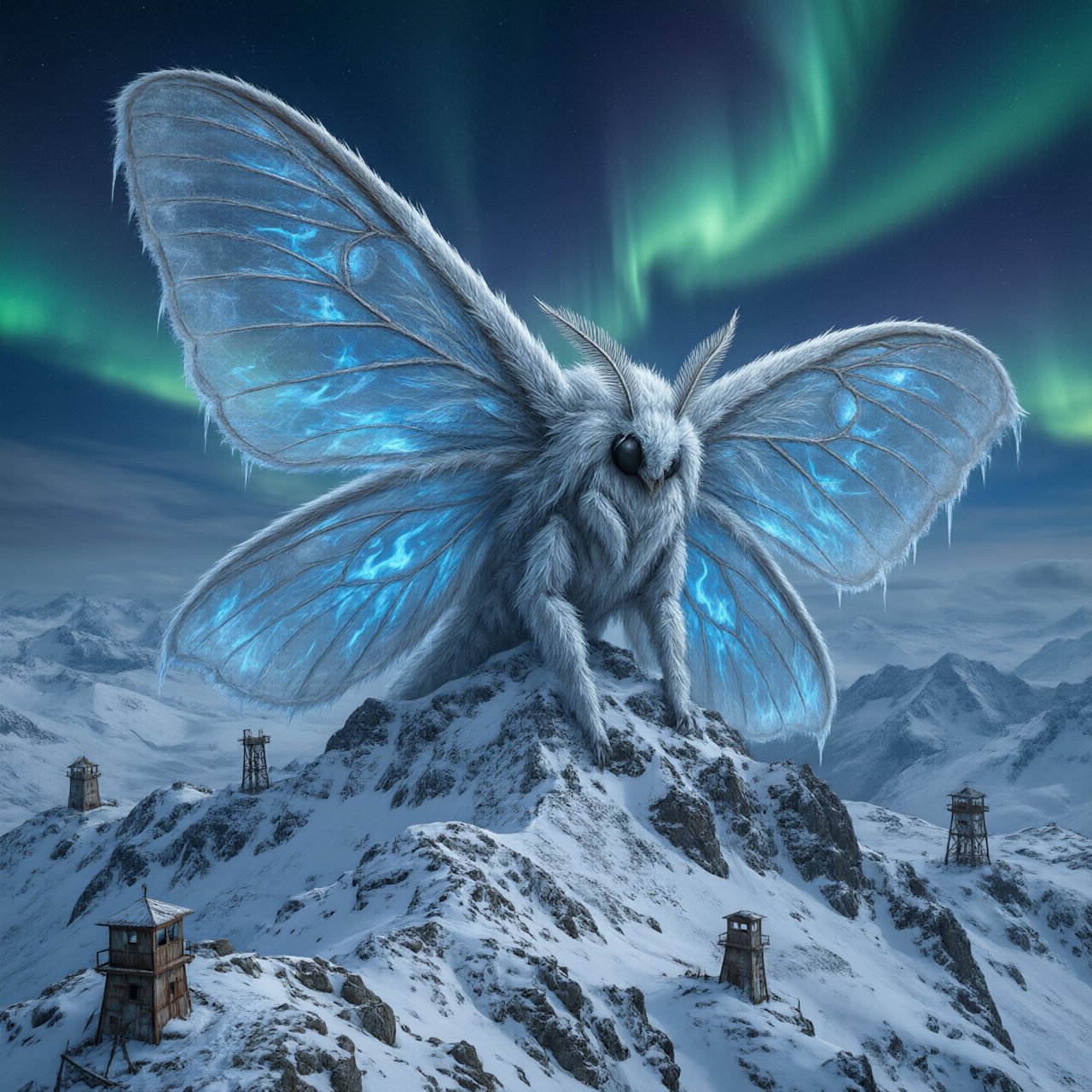 A colossal moon-moth leviathan rests atop a snowbound mountain ridge, its translucent wings veined with blue fire and its fur silvered by frost. Tiny abandoned watchtowers below emphasize its immense scale beneath an aurora-filled sky. — Qwen Image 3.0