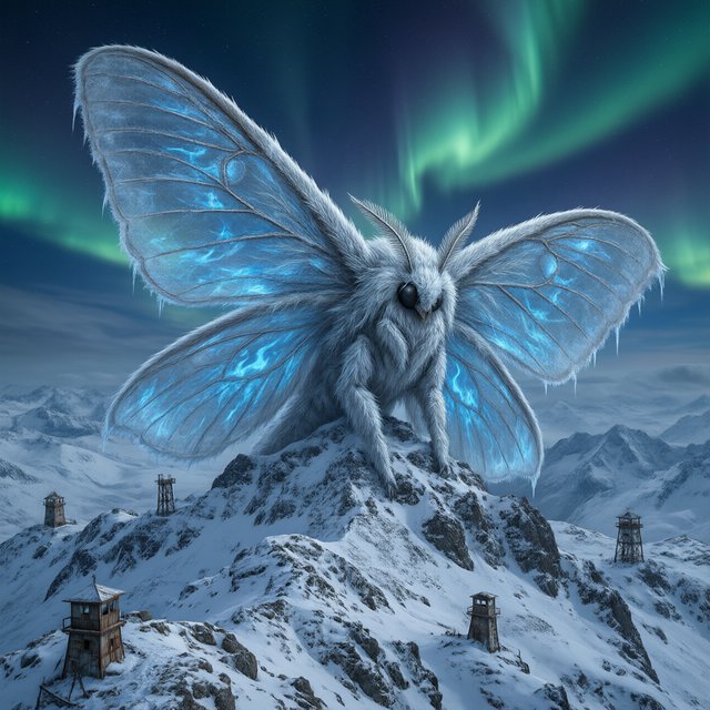 A colossal moon-moth leviathan rests atop a snowbound mountain ridge, its translucent wings veined with blue fire and its fur silvered by frost. Tiny abandoned watchtowers below emphasize its immense scale beneath an aurora-filled sky. — Qwen Image 3.0
