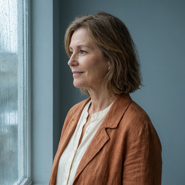 By a rain-streaked studio window, an adult woman in her early 60s turns in profile for a portrait photograph, wearing a copper-colored linen jacket over a cream cotton blouse. Her quietly amused expression rests against a muted blue-gray wall, shaped by cool, soft window light. — Qwen Image 3.0 Pro