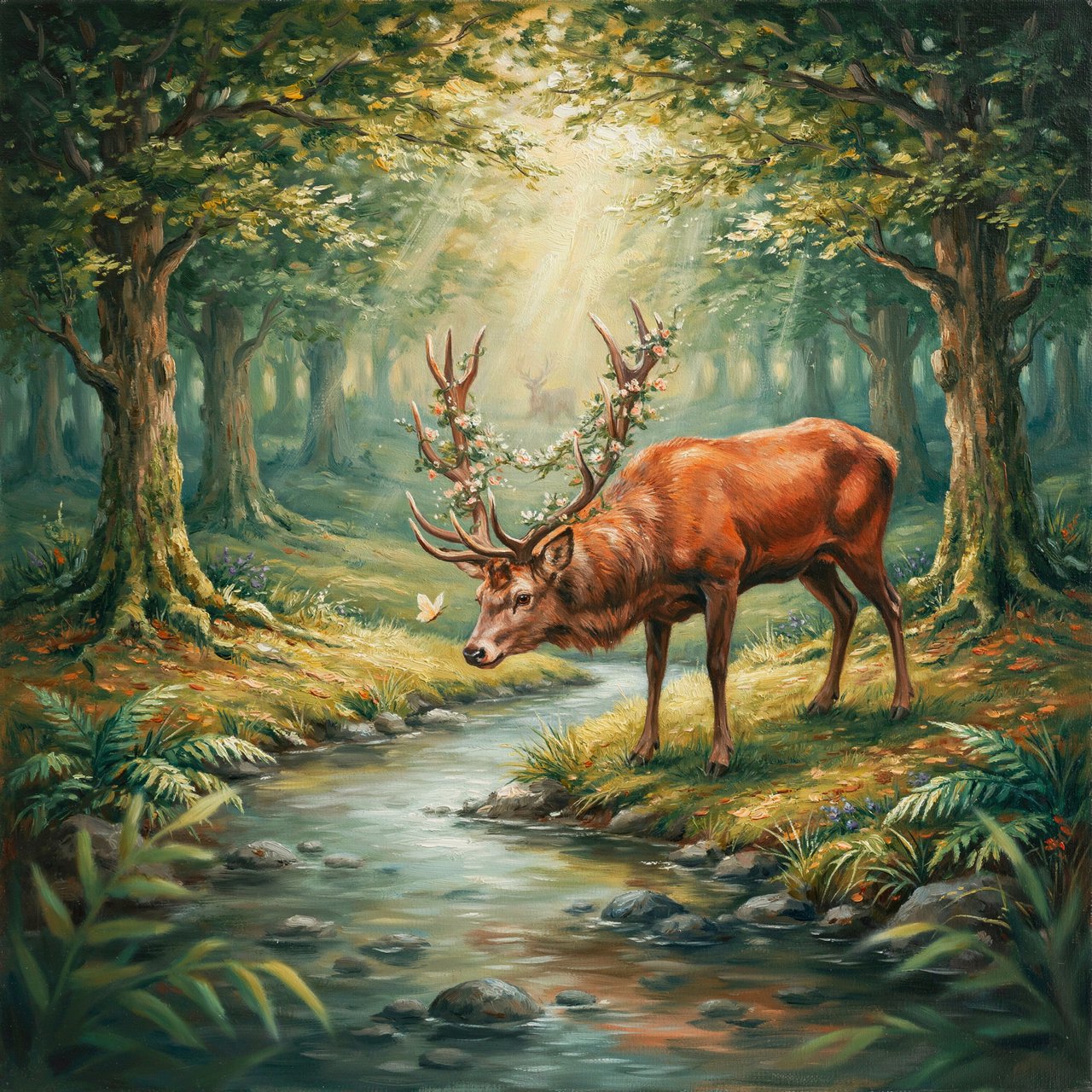 A majestic deer, its antlers intertwined with blooming vines, pauses by a crystal-clear stream in an enchanted glade. Sunlight filters through the canopy, dappling the forest floor. This is an oil painting with a rich, textured surface, capturing the dreamlike atmosphere of the scene. — Ideogram v4