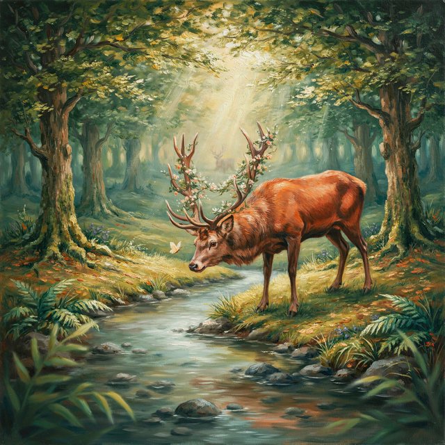 A majestic deer, its antlers intertwined with blooming vines, pauses by a crystal-clear stream in an enchanted glade. Sunlight filters through the canopy, dappling the forest floor. This is an oil painting with a rich, textured surface, capturing the dreamlike atmosphere of the scene. — Ideogram v4