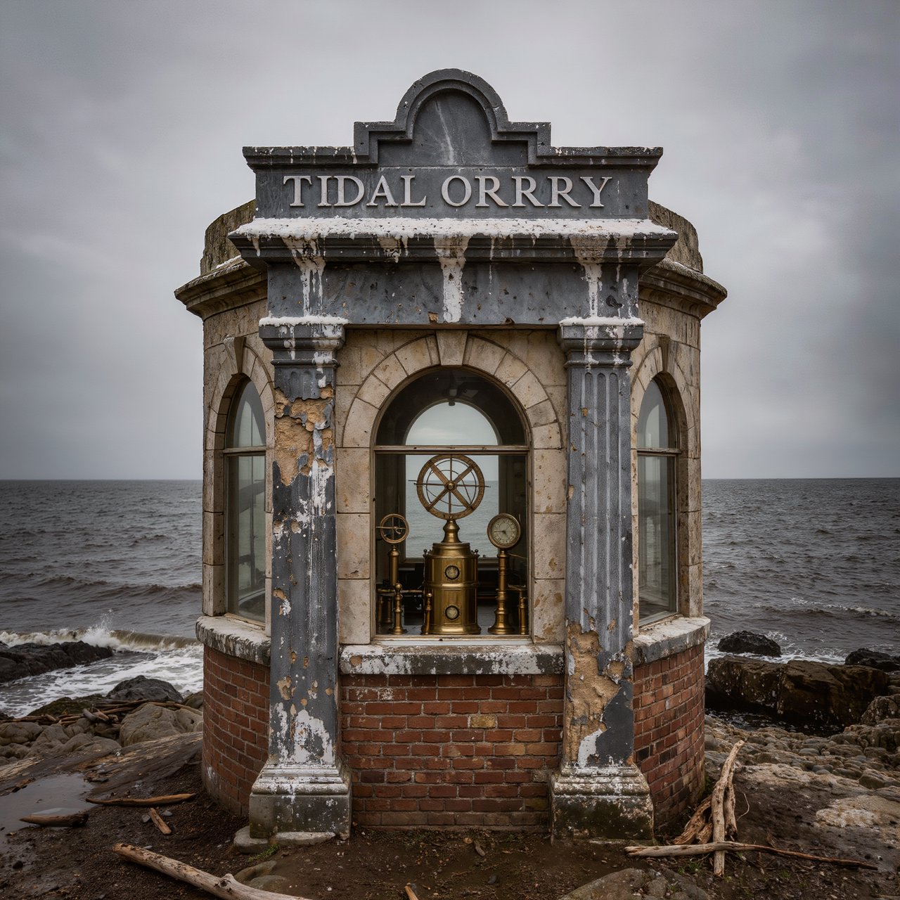 A weathered coastal observatory overlooks dark water, its brass instruments visible through arched windows; "TIDAL ORRERY" is carved into a slate lintel above the entrance, salt spray softening the deep engraved grooves. — Kling v3