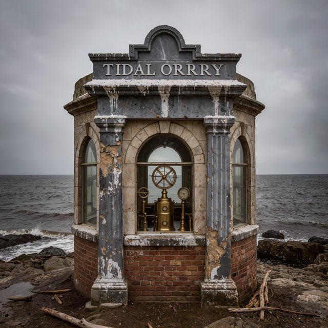 A weathered coastal observatory overlooks dark water, its brass instruments visible through arched windows; "TIDAL ORRERY" is carved into a slate lintel above the entrance, salt spray softening the deep engraved grooves. — Kling v3