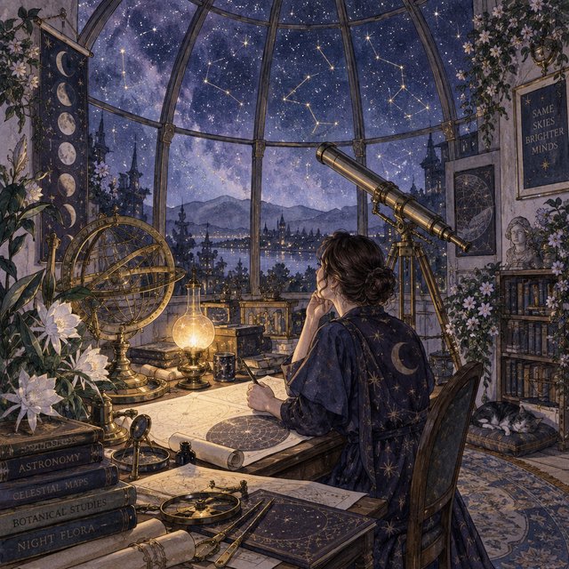 Ink-and-watercolour illustration of an adult astronomer mapping constellations from a glass-domed observatory, surrounded by brass instruments and flowering night plants. Indigo, lavender, and pale gold palette, delicate linework, serene atmospheric detail. — GPT Image 2.5 Sunburst