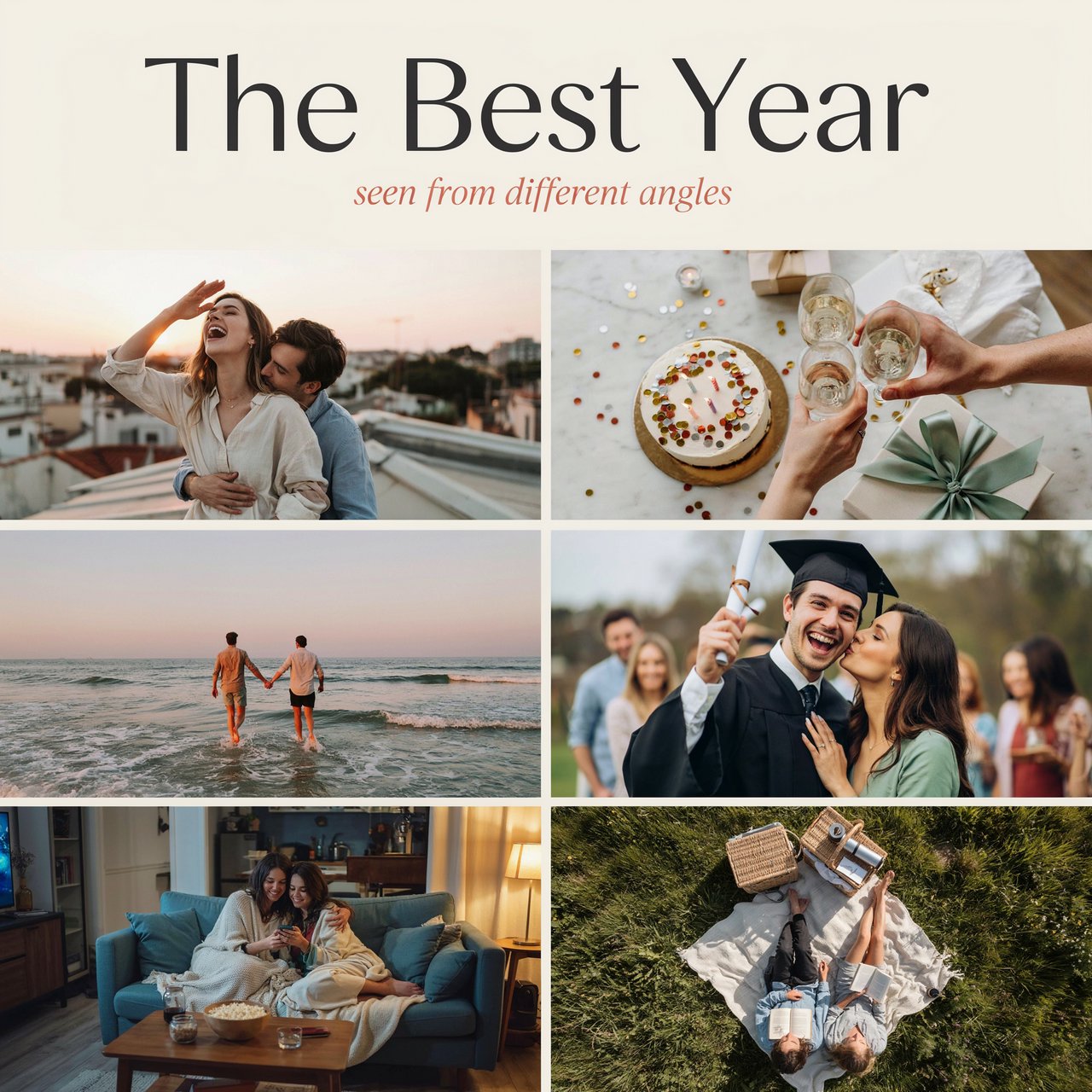 A realistic image where the theme is all about people having the best year ever. 4–6 moments seen from different angles. At the top it says, "The Best Year seen from different angles". — Ideogram v4
