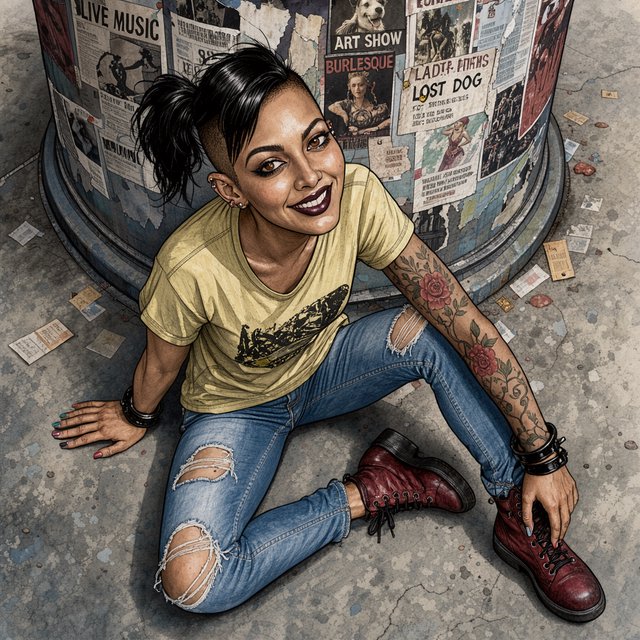 Realistic India ink illustration with crisp black lines, realistic anatomy and proportions, and watercolor fills; black ink outlines remain visible. Full-length, overhead view. A Latina woman sits on the pavement with her back against an enormous, thick round downtown pillar covered in posters for bands, art shows, burlesque, and a lost dog. One hand rests on the pavement, the other on an ankle. She tilts her head back, looking up at the viewer with a confident smile. Character: 25-year-old woman, medium-brown skin, slim build, edgy punk/goth appearance. Black asymmetrical undercut, right side shaved, longer top brushed across forehead, short messy ponytail. Sharp features, arched brows, brown almond-shaped eyes, heavy eyeliner, dark burgundy lipstick, six ear piercings. Each fingernail a different color. Loose pale-yellow graphic T-shirt, ripped blue jeans, dark red combat boots. Full left-arm sleeve tattoo of vines, leaves, and red roses. Thick black leather bracelets on both wrists. — FLUX 3 Image Klein