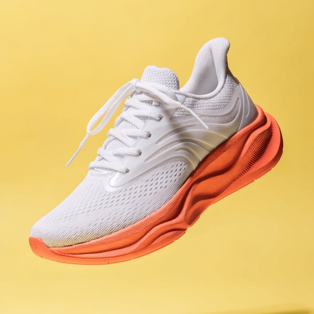 A white running sneaker with a coral sole floating at a slight angle over a pastel yellow background, studio lighting, no shadow on the backdrop. — Recraft v4