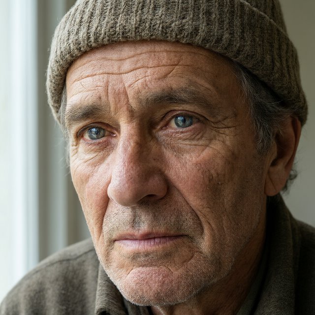 Close-up portrait of an elderly fisherman with deep wrinkles and a knitted cap, catchlights in the eyes, weathered skin texture, soft window light. — Qwen Image 3.0