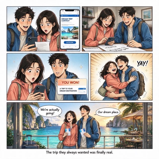 A realistic manga about a couple who entered a contest and ended up winning a trip to a place they always wanted to go. — Seedream 5.0 Flash