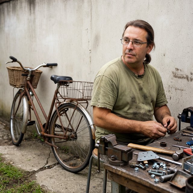 Candid documentary photograph of an adult bicycle mechanic repairing a flat tire outside a neighborhood workshop, soft overcast daylight, 35mm lens with moderate depth of field, greasy fingerprints, dust, and tiny metal shavings visible on the workbench. — Krea 2 Large