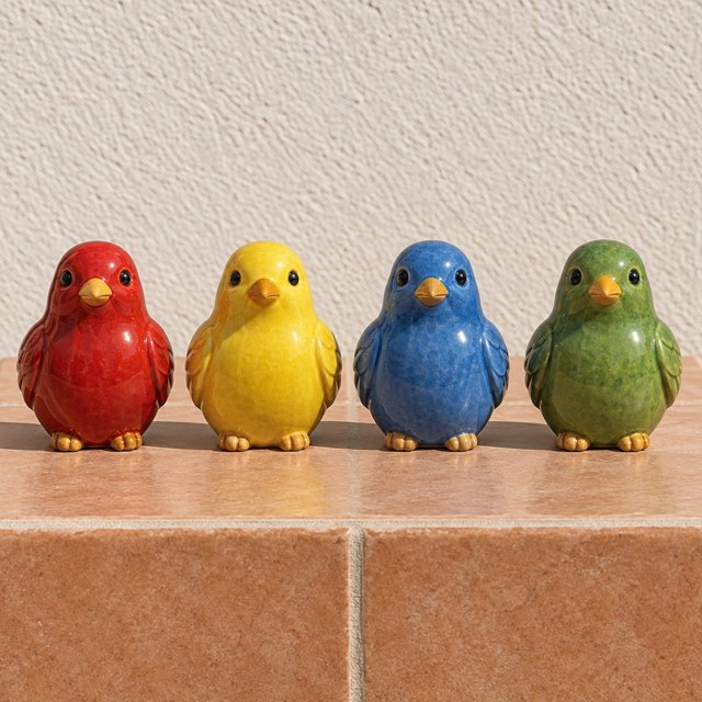 On a sunlit tiled ledge, exactly four ceramic bird figurines form a row: red at far left, yellow at left-center, blue at right-center, and green at far right; all face forward, nothing else. — GPT Image 2.5 Flare
