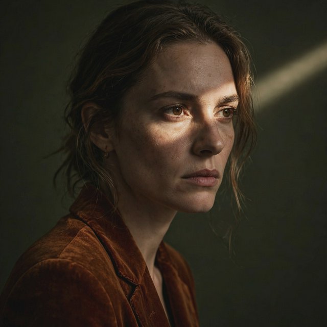 Her guarded gaze catches a solitary beam in a low-key fashion portrait: an adult woman aged 27–35 wears a rust-colored velvet blazer, the rest of her face falling into shadow against a deep olive backdrop. — Muse Image 1.0