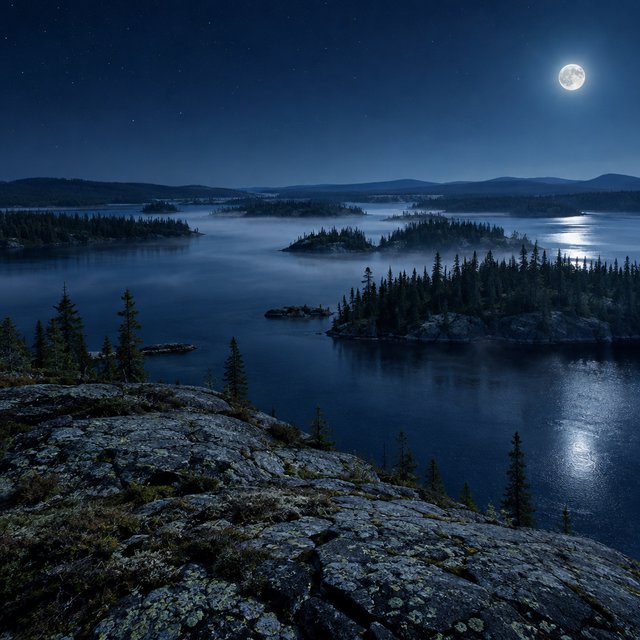 An expansive boreal lake beneath a clear, cold midnight sky, pale moonlight catching thin mist above dark water; spruce-covered islands recede toward distant ridges, while lichen and cracked granite sharpen the near shoreline. — GPT Image 2.5 Flare