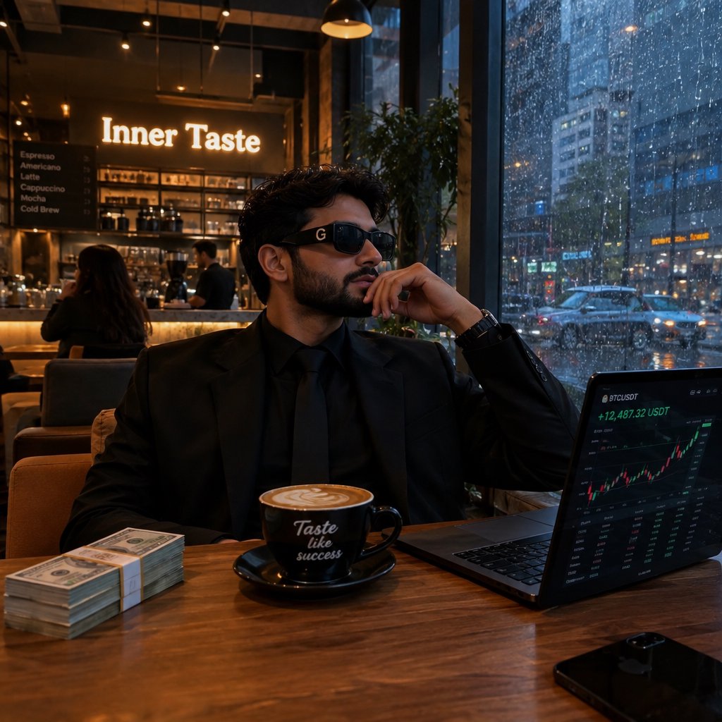 Realistic, a man wearing a black suit and cool shades with the word “G” on them, sitting near a table in a friendly coffee shop with the words “Inner Taste” displayed in the shop, coffee on the table, a coffee cup with the words “Taste like success,” a stack of money on the table, a high-end laptop displaying a successful trade, and rain pouring outside. The vibe is calm and chill. — GPT Image 2.5 Flare