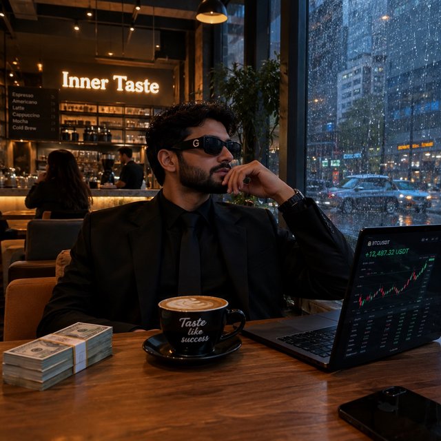 Realistic, a man wearing a black suit and cool shades with the word “G” on them, sitting near a table in a friendly coffee shop with the words “Inner Taste” displayed in the shop, coffee on the table, a coffee cup with the words “Taste like success,” a stack of money on the table, a high-end laptop displaying a successful trade, and rain pouring outside. The vibe is calm and chill. — GPT Image 2.5 Flare