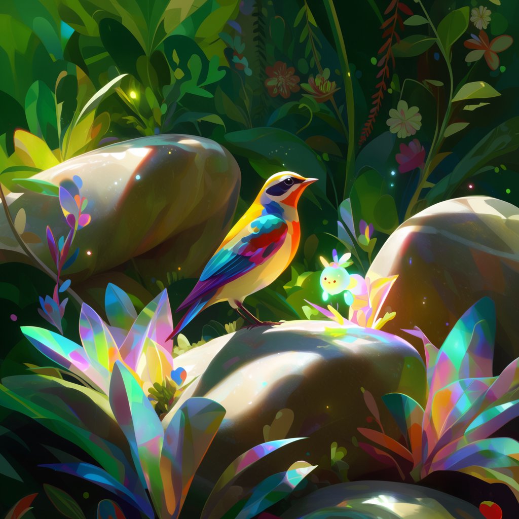 Create a vibrant digital artwork with clean lines depicting a small, colorful bird in the jungle. Combine rich, warm tones—such as soft orange, bold red, and dynamic yellow—with cool colors like brilliant blue, emerald green, and radiant violet. The atmosphere should feel fairytale-like, enhanced by striking lighting that underscores the scene's magic. Use bright, bold colors harmoniously to create a balanced composition. The overall style should be imaginative and captivating, transporting the viewer to another world. — Krea 2 Large
