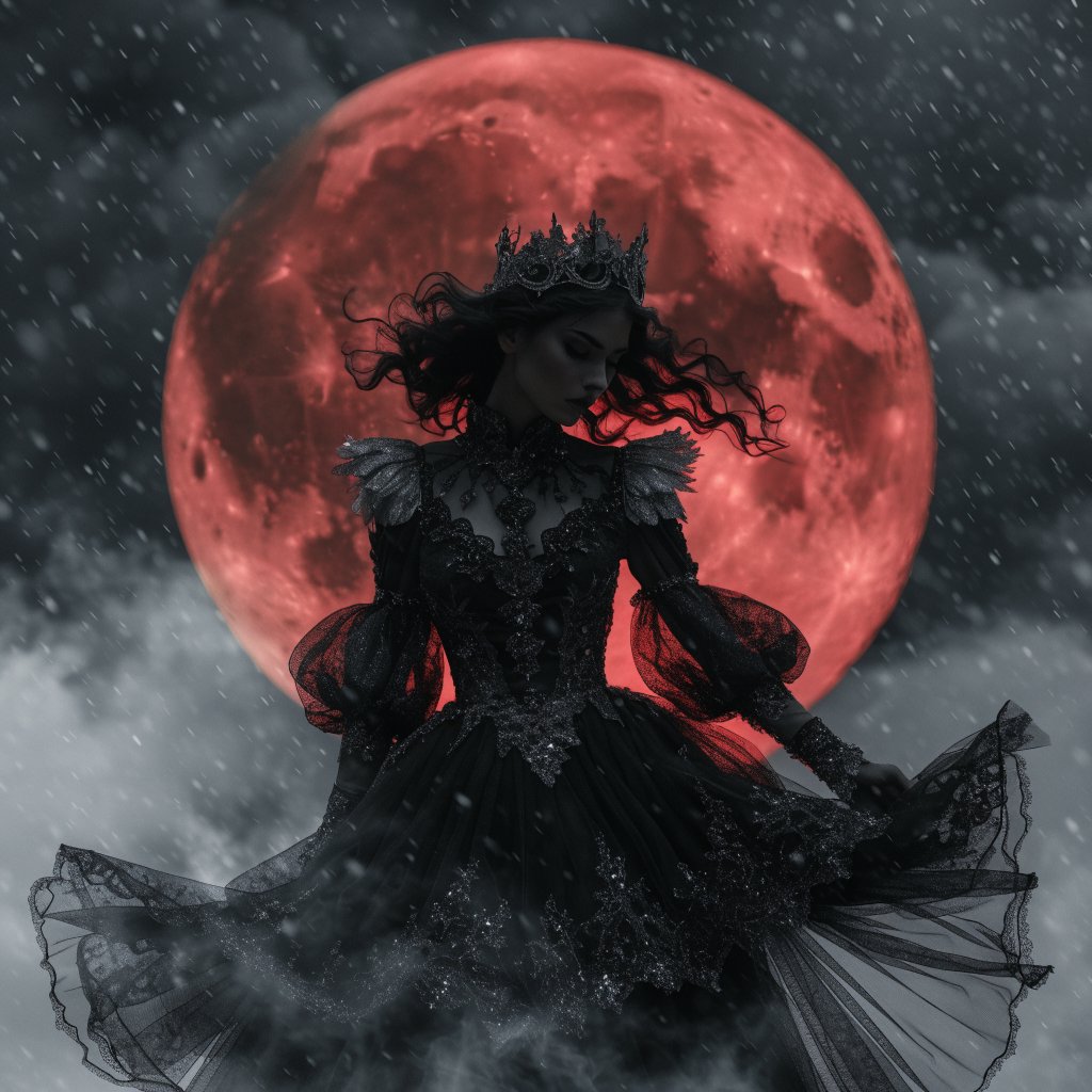 Captivating gothic goddess silhouetted against a blood red moon. Long dark hair blowing in a gentle breeze. Dramatic make-up. Ethereal black garment with silver details billowing in the breeze. Pensive expression. — Recraft v4